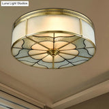 Milky Glass Ceiling Mounted Fixture: Colonial 3-Bulb Bedroom Flush Mount Lamp In Brass