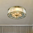 Milky Glass Ceiling Mounted Fixture: Colonial 3-Bulb Bedroom Flush Mount Lamp In Brass