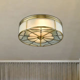 Milky Glass Ceiling Mounted Fixture: Colonial 3-Bulb Bedroom Flush Mount Lamp In Brass