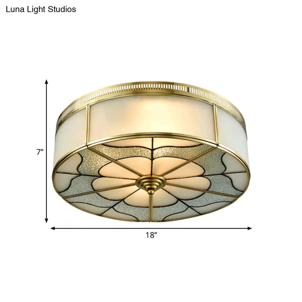 Milky Glass Ceiling Mounted Fixture: Colonial 3-Bulb Bedroom Flush Mount Lamp In Brass