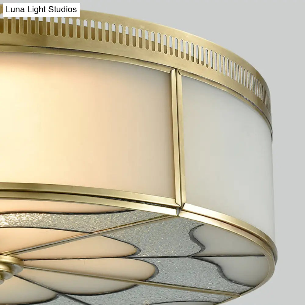 Milky Glass Ceiling Mounted Fixture: Colonial 3-Bulb Bedroom Flush Mount Lamp In Brass