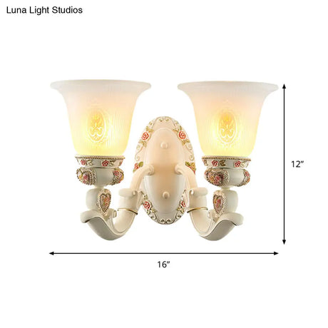 Milky Glass Ribbed Conical Living Room Sconce Light: White Floral Wall Fixture With Countryside