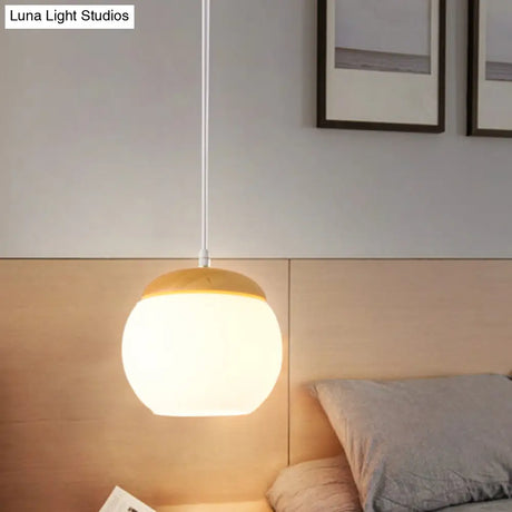 Milky Glass Sphere Pendant Light For Bedside With Wood Accent