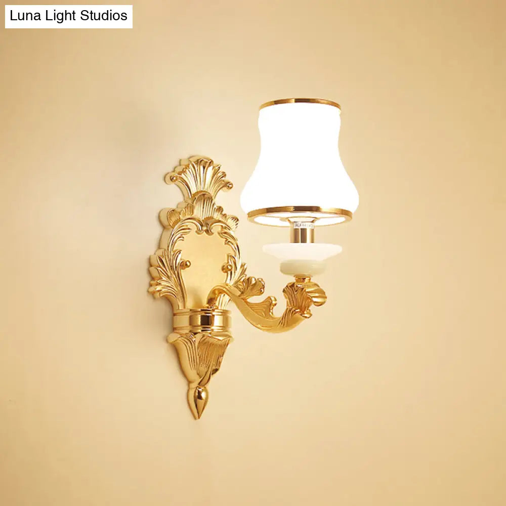 Milky Glass Wall Sconce In Classic Jar Shape With Yellow Mount