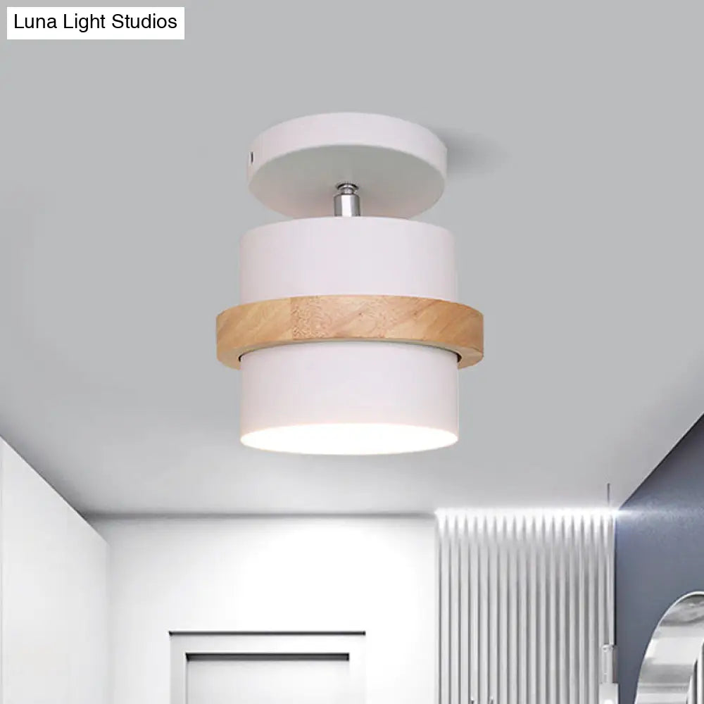 Mini Barrel Corridor Iron Ceiling Lamp With Rotating Feature - 1 Bulb Macaron Grey/Green/White Wood