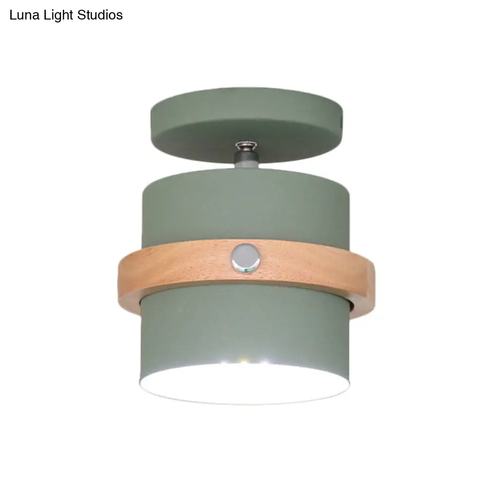 Mini Barrel Corridor Iron Ceiling Lamp With Rotating Feature - 1 Bulb Macaron Grey/Green/White Wood
