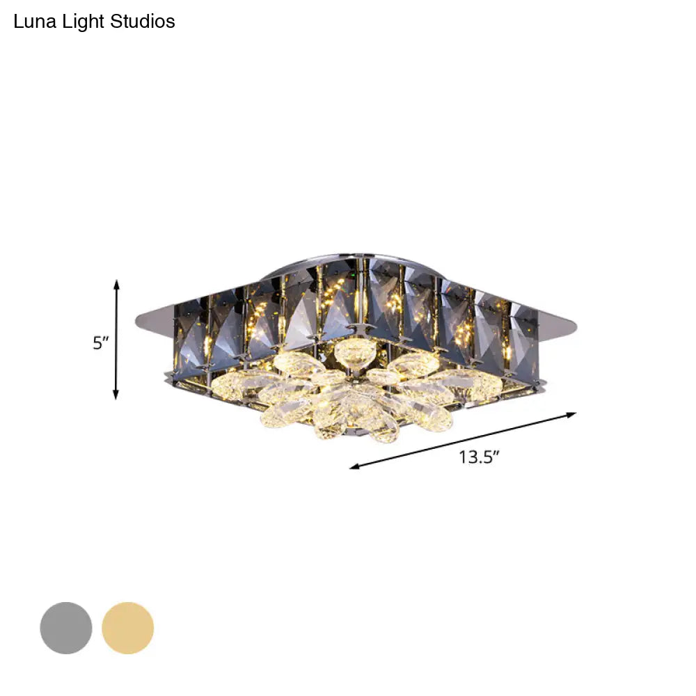 Mini Led Flush Light With Square & Flower Design – Simple Amber Or Smoke Grey Crystal Ceiling