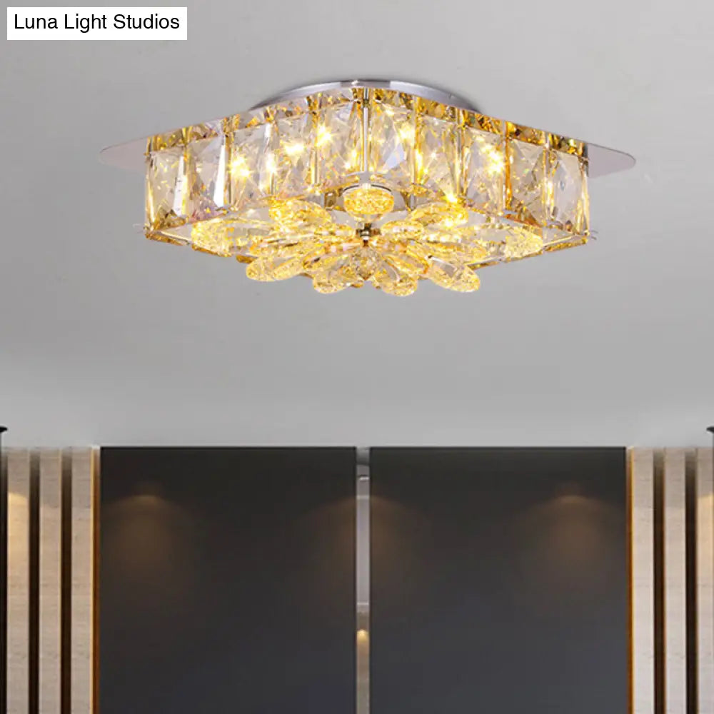 Mini Led Flush Light With Square & Flower Design – Simple Amber Or Smoke Grey Crystal Ceiling