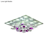 Minimal Clear Crystal Led Flush - Mount Porch Ceiling Lamp In Rose Red With Warm/White Light