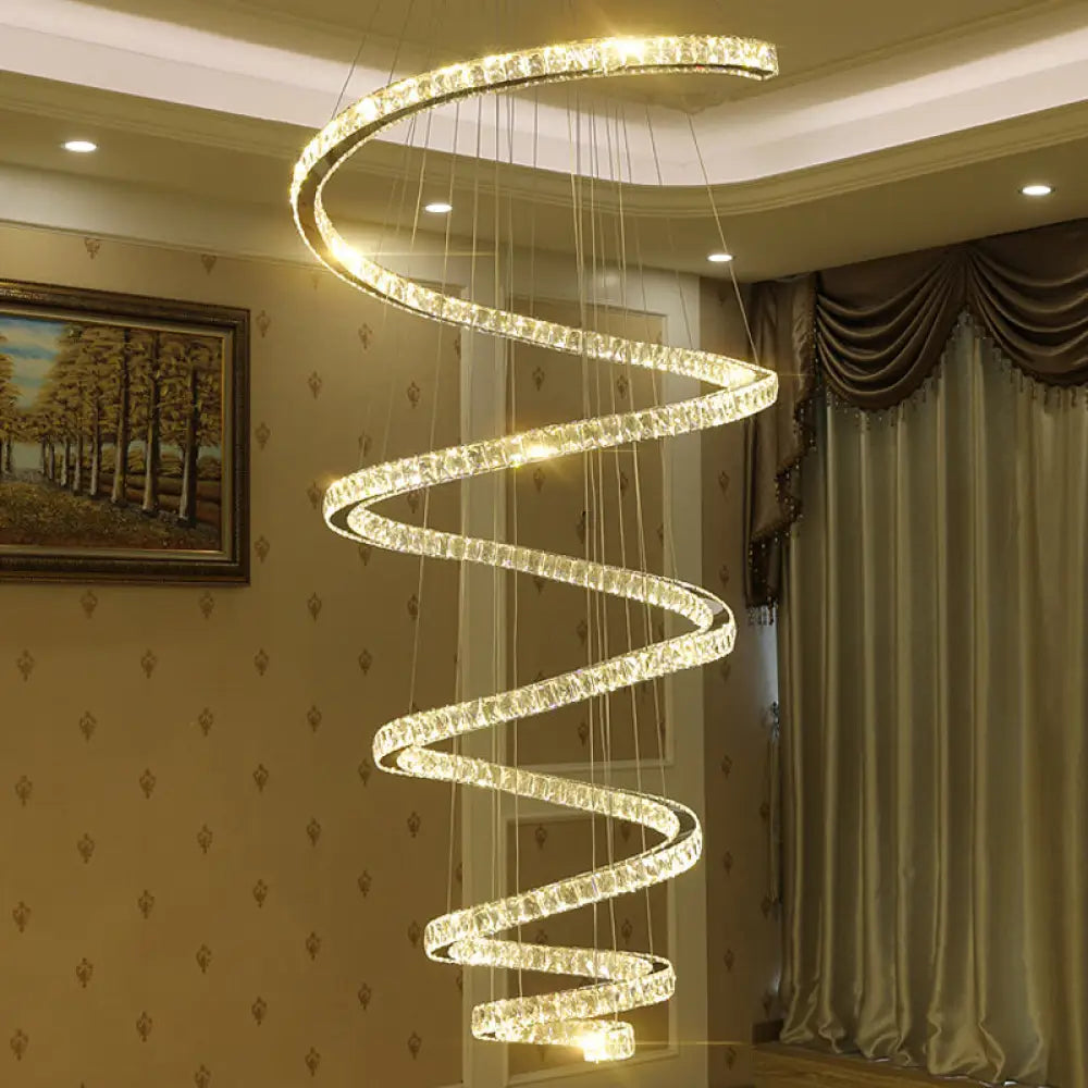 Minimal Clear Crystal Led Pendant Light Kit For Living Room - Spiral Chandelier Lamp / 39.5