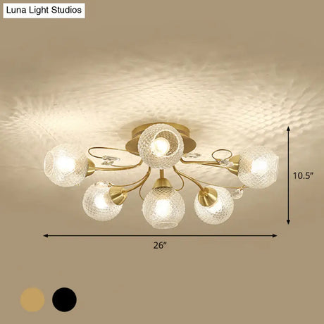 Minimal Clear Glass Globe Ceiling Mounted Fixture - 6 Bulb Semi Flush Light In Black/Gold