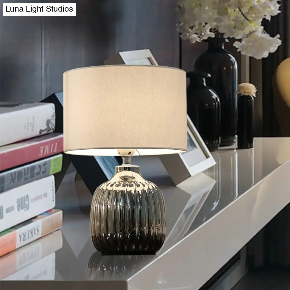 Minimal White Ceramic Table Light- 14/15 L 1 Bulb With Drum Fabric Shade- Ideal For Bedroom Night