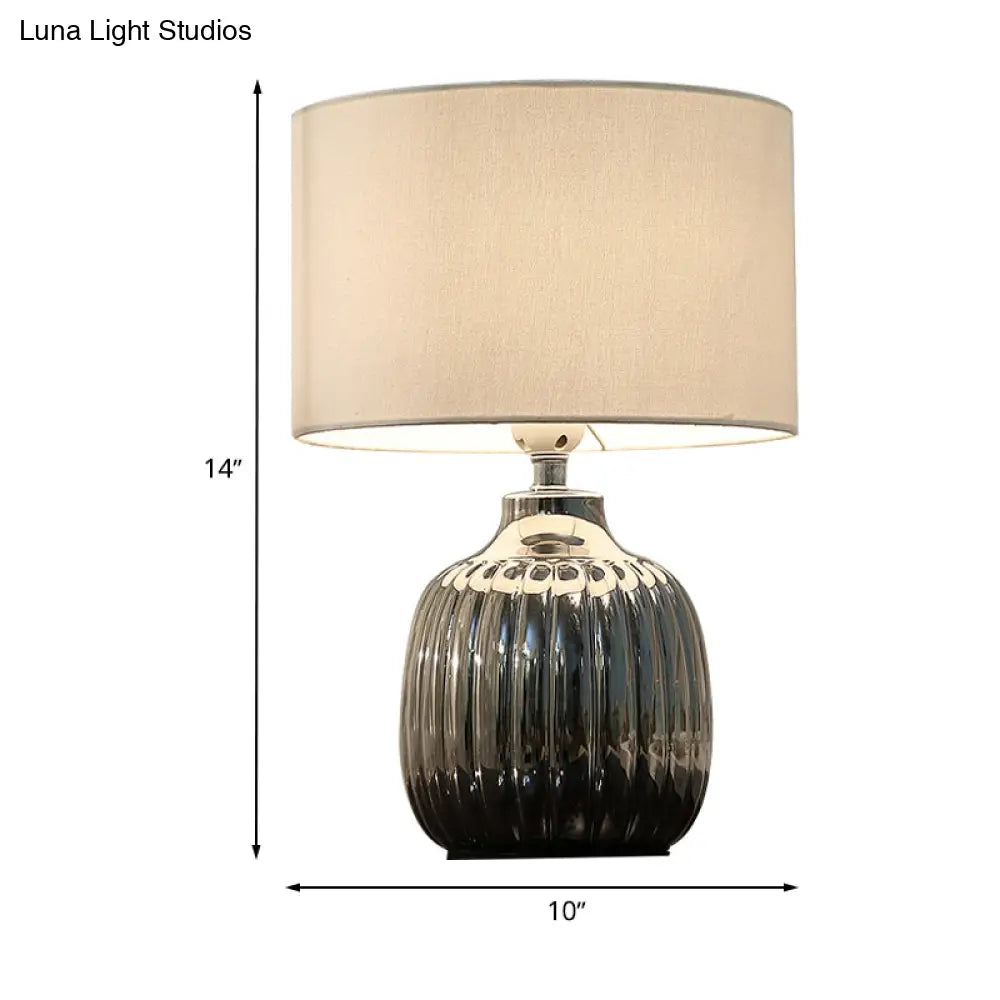 Minimal White Ceramic Table Light- 14/15 L 1 Bulb With Drum Fabric Shade- Ideal For Bedroom Night