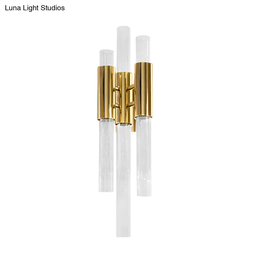 Minimalism Brass Pipe Sconce Light With Crystal Shade - 3 Lights Wall Mounted Fixture