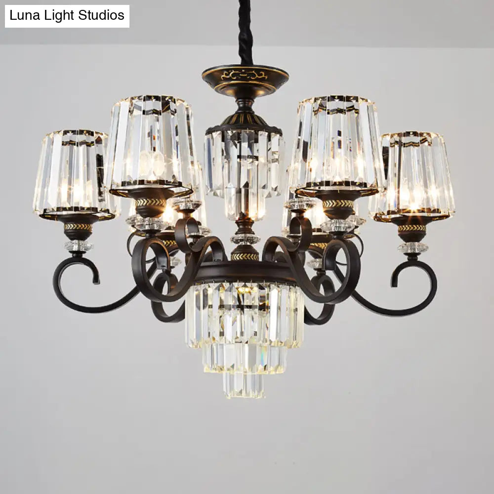 Minimalist 3-Tier Black Crystal Chandelier - 3/6 Lights With Conical Shade
