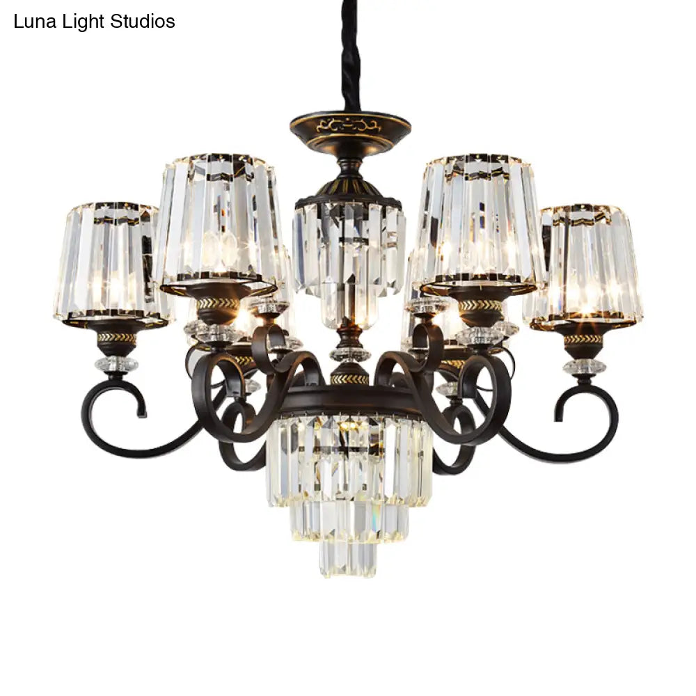 Minimalist 3-Tier Black Crystal Chandelier - 3/6 Lights With Conical Shade