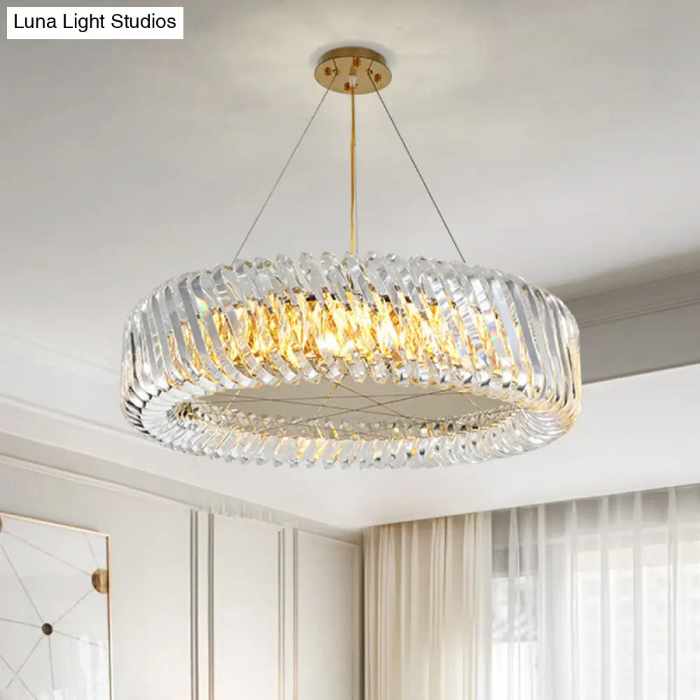 Minimalist 4/8/12-Light Gold Drum Pendant With Clear K9 Crystal Chandelier Fixture