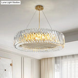 Minimalist 4/8/12-Light Gold Drum Pendant With Clear K9 Crystal Chandelier Fixture