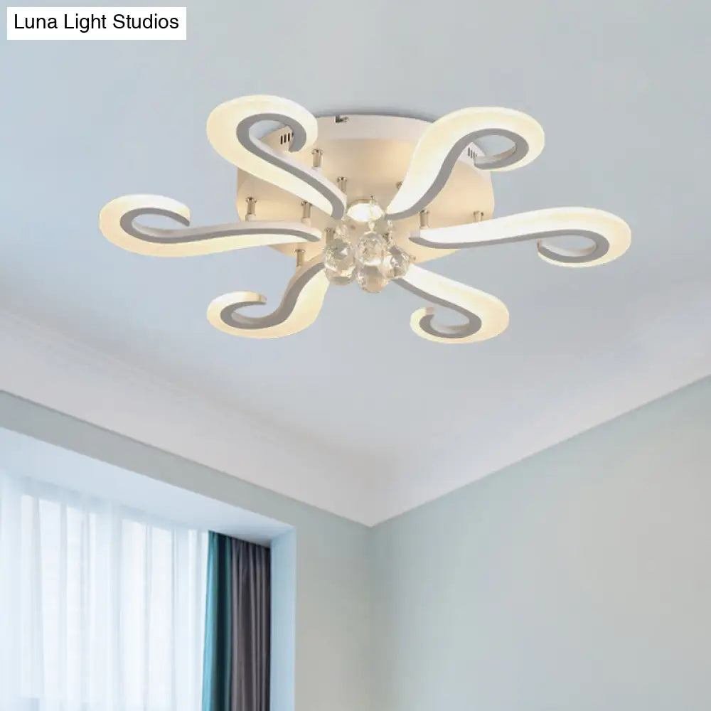 Minimalist 6-Head Acrylic Led Semi Flush Light With Crystal Droplet - White Finish