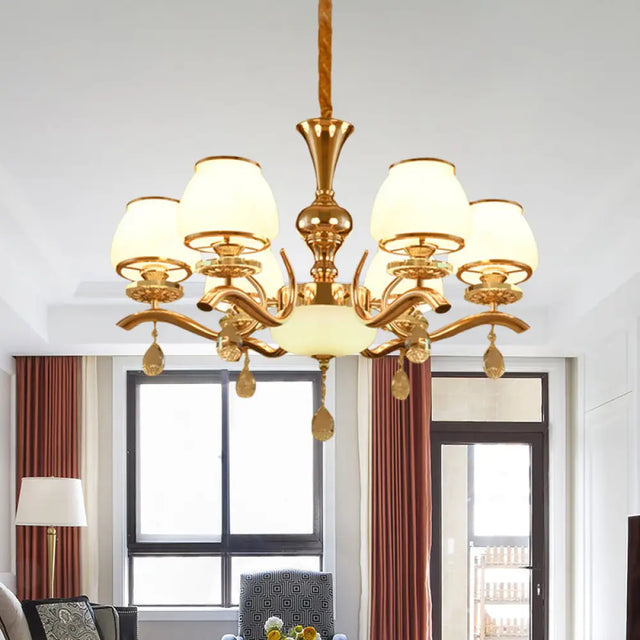Minimalist 6-Head Gold Cone Ceiling Chandelier – Bedroom Crystal Hanging Lamp