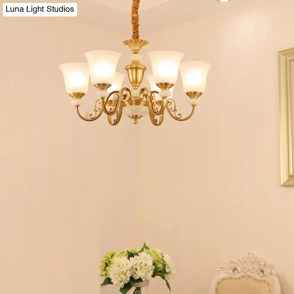 Minimalist 6-Light Bell Pendant Chandelier In Gold With Frosted White Glass
