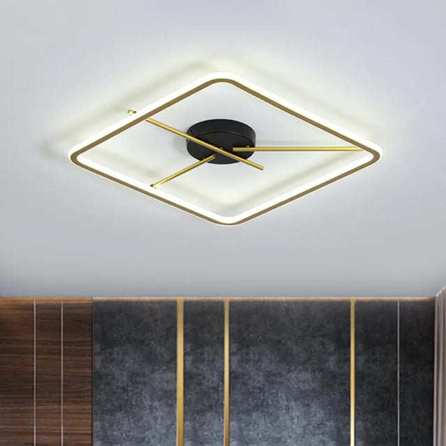 Minimalist Aluminum Flush Mount Ceiling Light With Square Black-Gold Frame And Rod Fixture Arm -