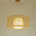 Minimalist Bamboo Drum Pendant Ceiling Light - Wood Finish Ideal For Restaurants / 12.5