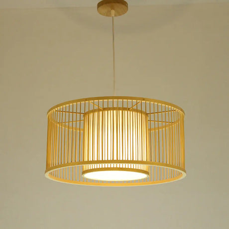 Minimalist Bamboo Drum Pendant Ceiling Light - Wood Finish Ideal For Restaurants / 12.5