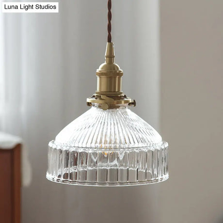 Minimalist Barn Shaped Glass Pendant Light With Clear Ribbed Design - Brass Suspension (1 Head)