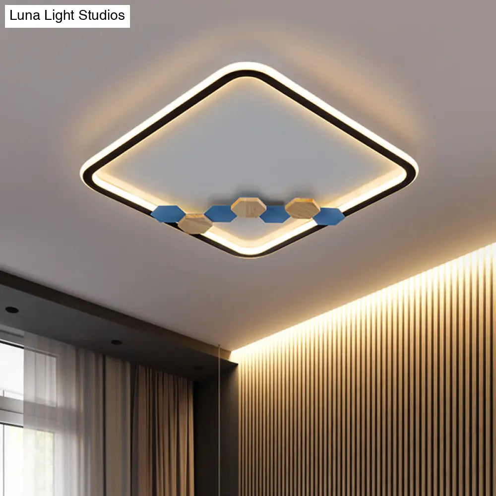 Minimalist Black Ceiling Mounted Led Flush Lamp With Leaf/Geometric Deco - Round/Square Design