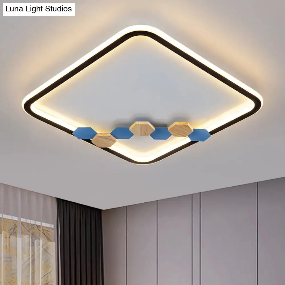 Minimalist Black Ceiling Mounted Led Flush Lamp With Leaf/Geometric Deco - Round/Square Design