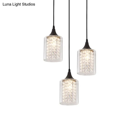 Minimalist Black Cylinder Pendant Light With 3 Clear Glass Shades And Linear/Round Canopy
