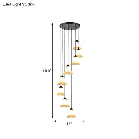 Minimalist Black Flower Stairs Pendant Light With Frosted Glass And Round Canopy