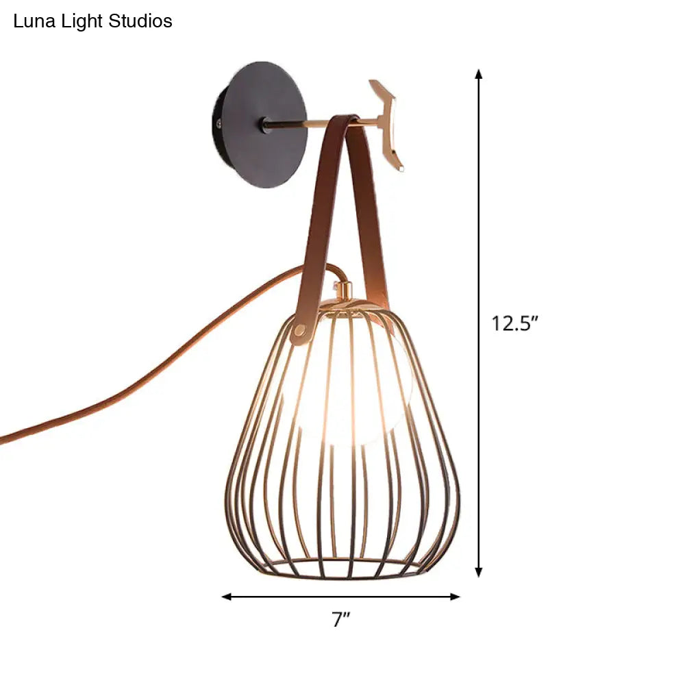 Minimalist Black Led Wall Sconce With Leather Handle - Pear Cage Iron Design