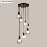 Minimalist Black Metal Grenade Cage Pendant Light For Staircase With Multiple Lights