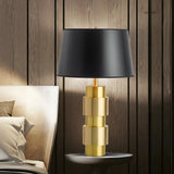 Minimalist Black Metal Table Light With Barrel Fabric Shade For Bedroom Night Lighting