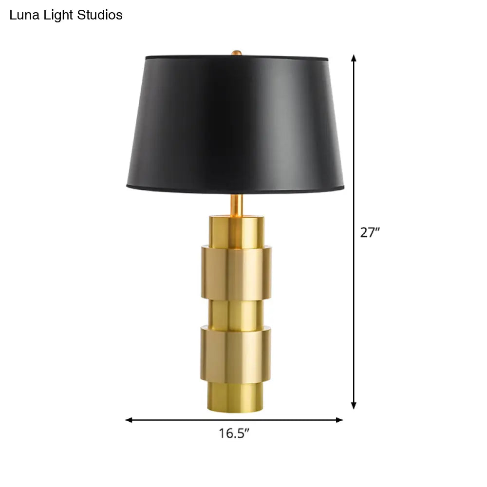 Minimalist Black Metal Table Light With Barrel Fabric Shade For Bedroom Night Lighting