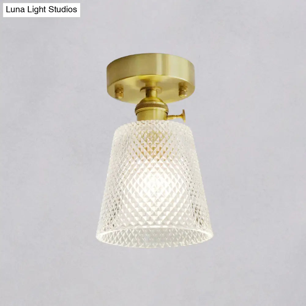 Minimalist Brass 1 - Head Ceiling Light With Carved Glass Shade For Corridors