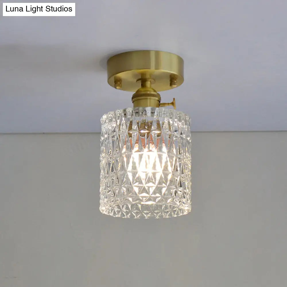 Minimalist Brass 1 - Head Ceiling Light With Carved Glass Shade For Corridors