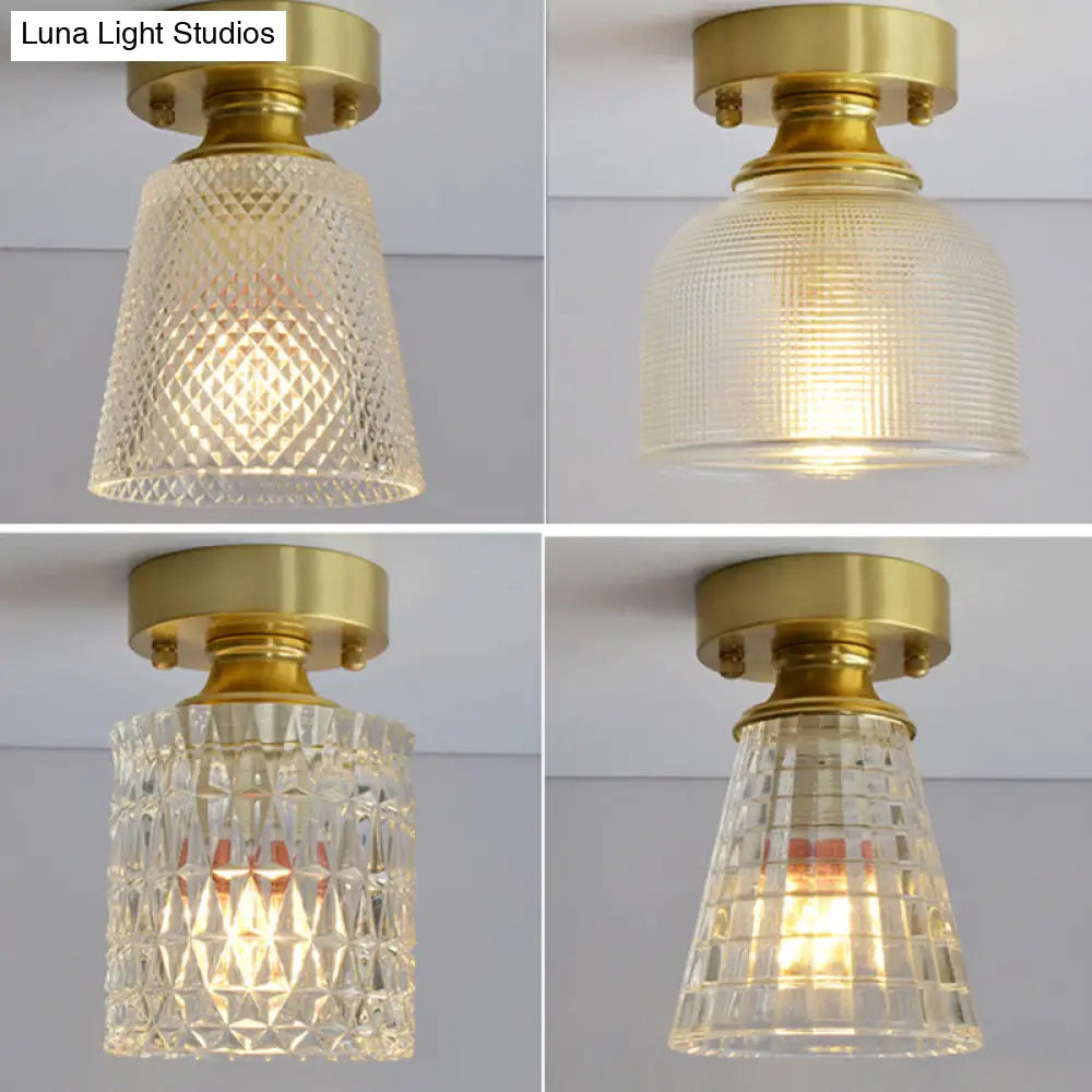 Minimalist Brass 1 - Head Ceiling Light With Carved Glass Shade For Corridors