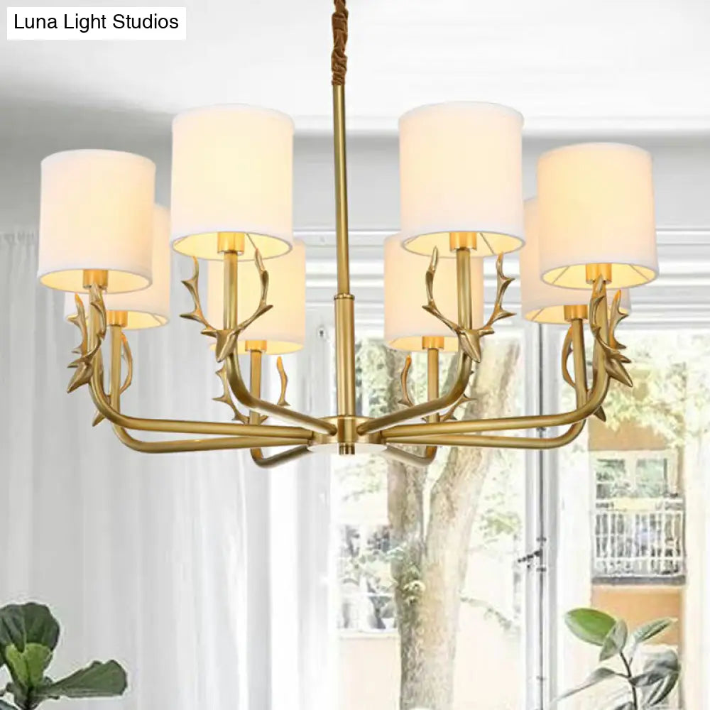 Minimalist Brass Deer Chandelier With Fabric Shade - Elegant Metal Hanging Lamp