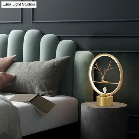 Minimalist Brass Halo Ring Table Light With Led Metal Night Featuring Deer Decoration