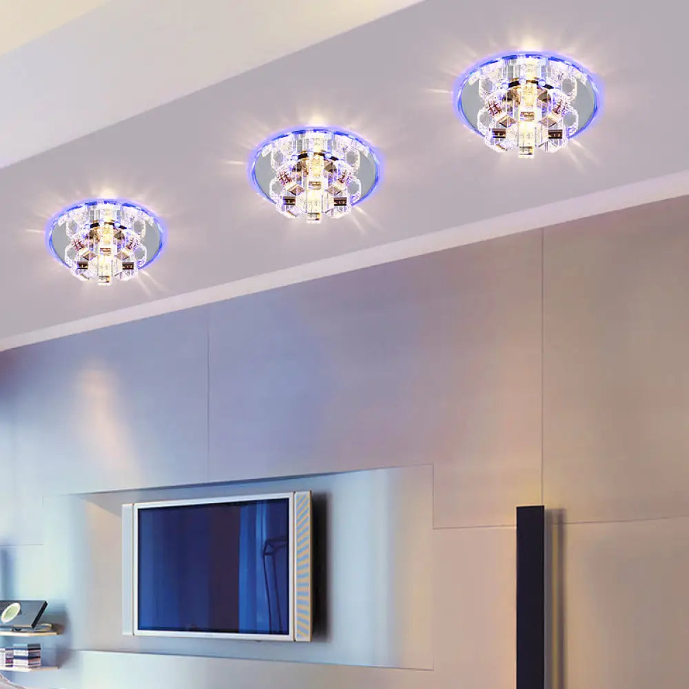 Minimalist Clear Crystal Flush Mount Ceiling Lamp With Mirrored Canopy - Floral Accent For Living