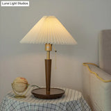 Minimalist Cone Pleated Fabric Nightstand Lamp With Pull Chain - White 1-Light Table Light For