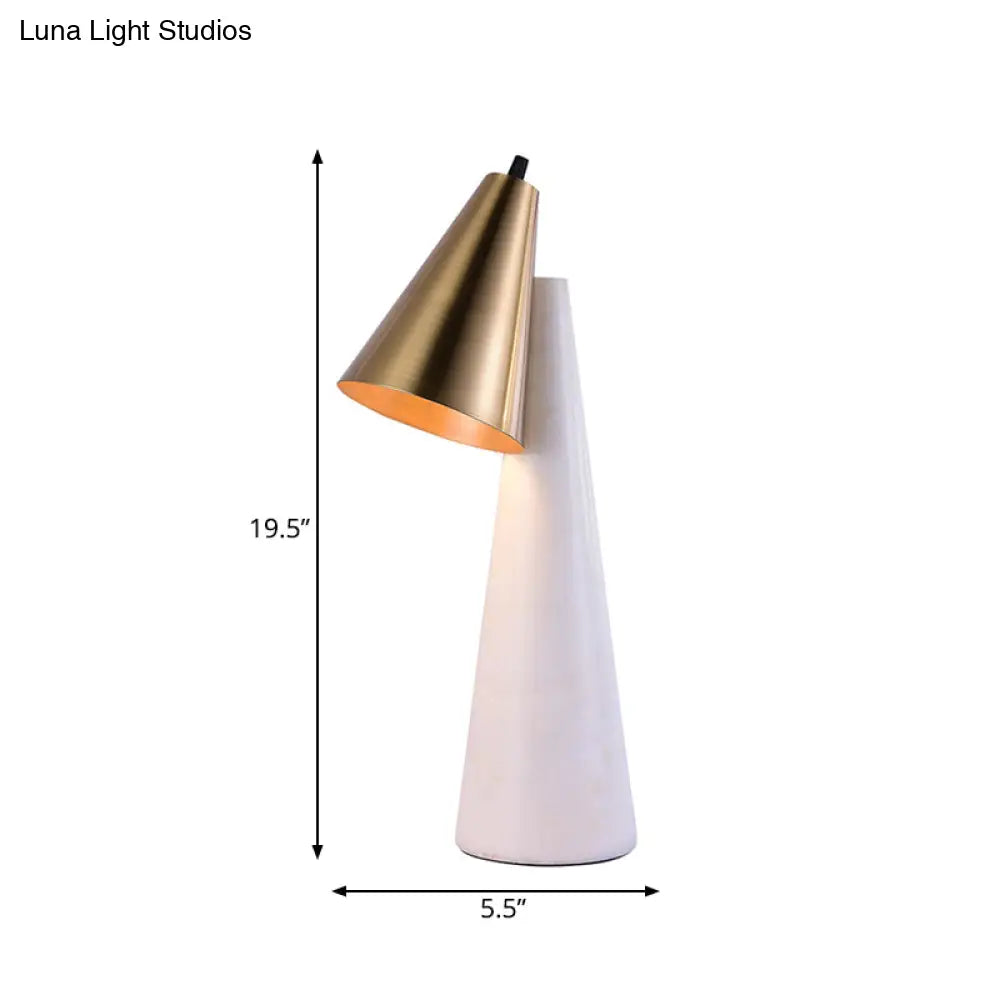 Minimalist Conical White Table Lamp - 1 Light Marble Nightstand With Metal Shade
