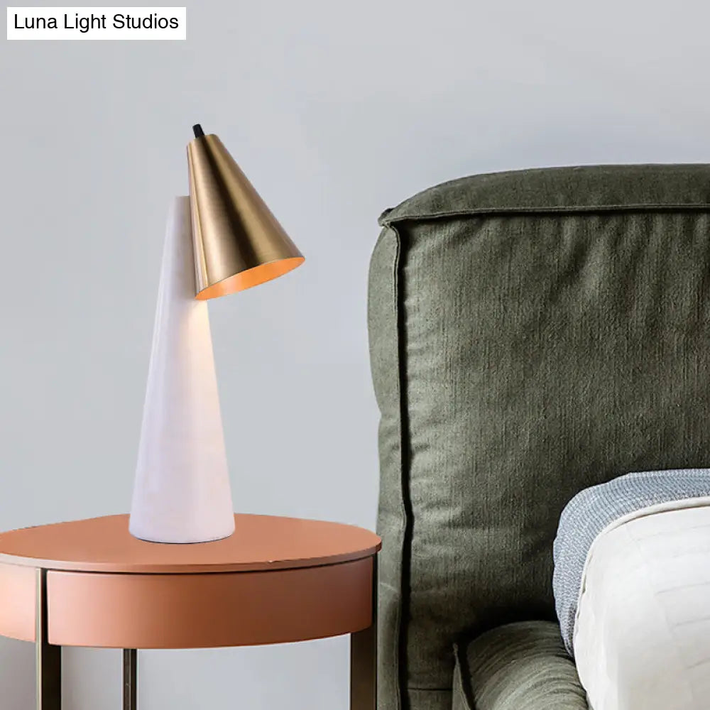 Minimalist Conical White Table Lamp - 1 Light Marble Nightstand With Metal Shade