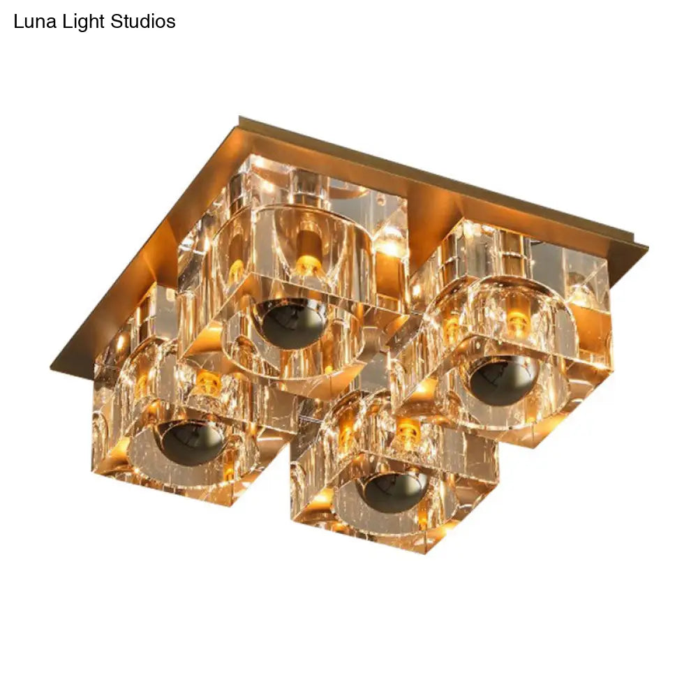 Minimalist Crystal Block 4 - Head Brass Ceiling Light For Bedroom Flushmount Lighting