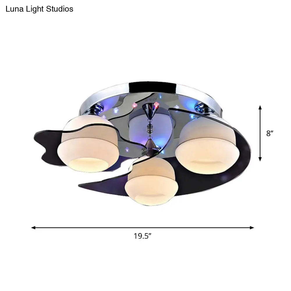 Minimalist Crystal Flush Mount Light With Moon And Star Design 3 Heads White Glass Shade