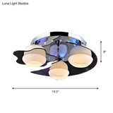 Minimalist Crystal Flush Mount Light With Moon And Star Design 3 Heads White Glass Shade