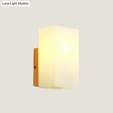 Minimalist Cube Wall Sconce With Opal Glass And Wood Detail